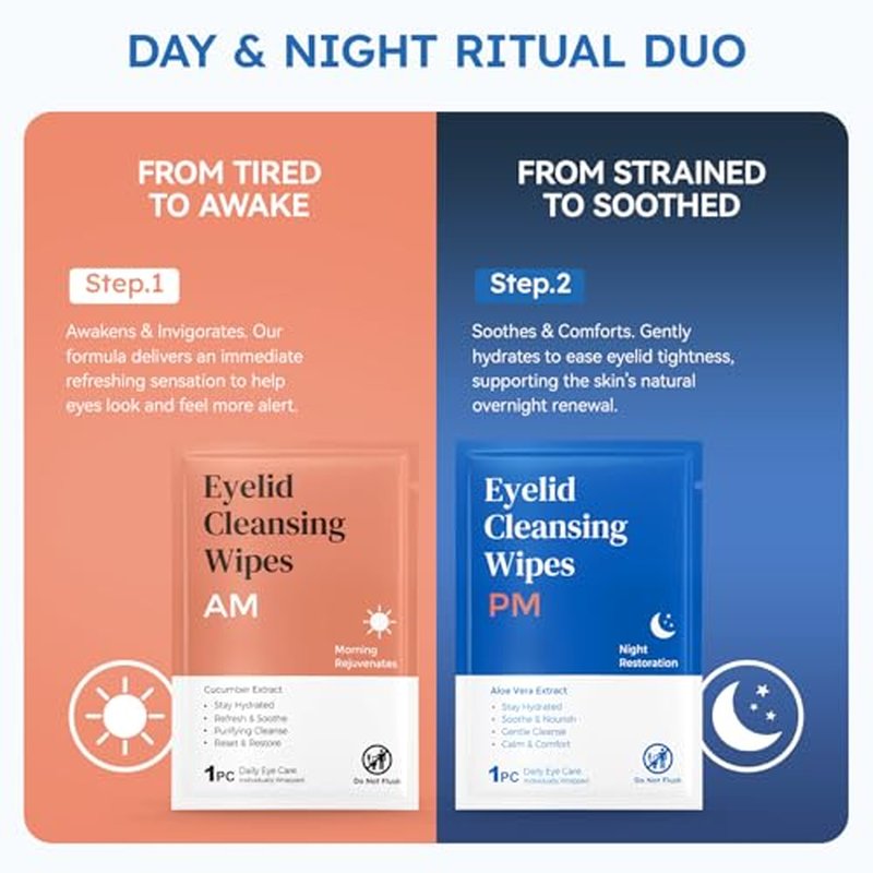 Day & Night Eyelid Wipes for Dry Eyes & Blepharitis Relief - Morning Revitalizing & Evening Soothing Restoration, Dual Use Eyelid & Lash Cleaner for Women and Men, Travel Essentials