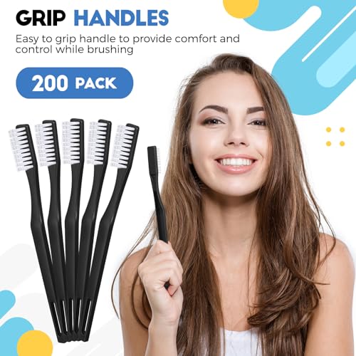 Disposable Soft Toothbrushes Bulk Pack for Travel Hotels & Home Use - 200 Black Individually Wrapped