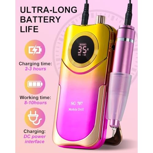 Professional Electric Nail Drill Kit 35000RPM with 14PCS Bits Purple Gold Portable Rechargeable Cordless File Machine for Acrylic Gel Powder Nails and Manicure Pedicure Toenail Tool Salon Set