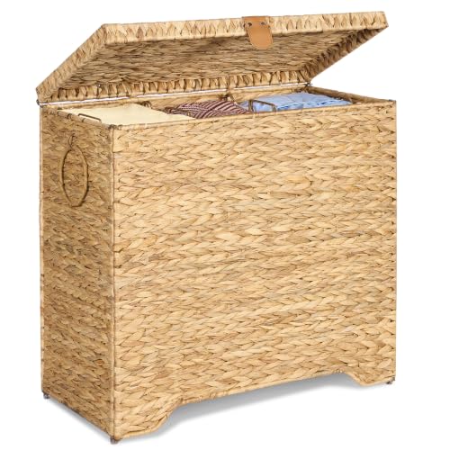 Water Hyacinth Laundry Hamper - 130L 3-Section Woven Storage Basket with Lid - Natural