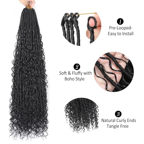 Prelooped Boho Faux Locs Crochet Hair - 1B# Natural Black, 30 Inch, 9 Pack