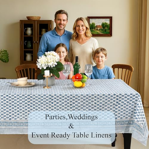 CPC Apatite Blue Hand Block Printed Cotton Rectangular Tablecloth 70x118 Inch