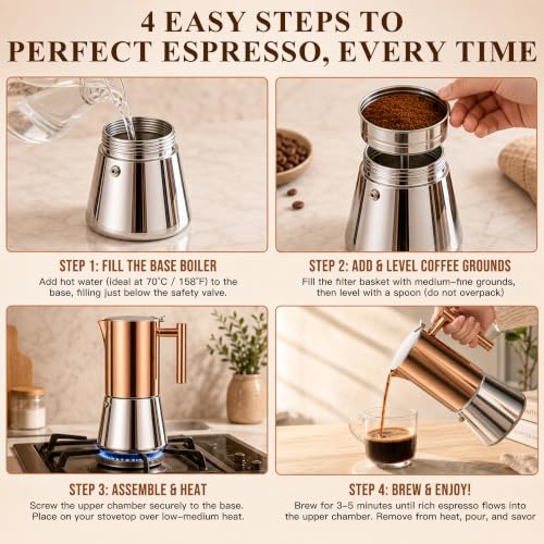 Large 12-Cup Rose Gold Stainless Steel Moka Pot - 600ml Stovetop Espresso Brewer