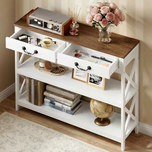 IRONCK 39.4-Inch Farmhouse Console Table with Storage - White & Walnut Variation 39.4inch
