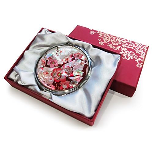 MADDesign Mother of Pearl Pink Makeup Mirror Compact Folding Magnify Apricot Tree Flowers Design