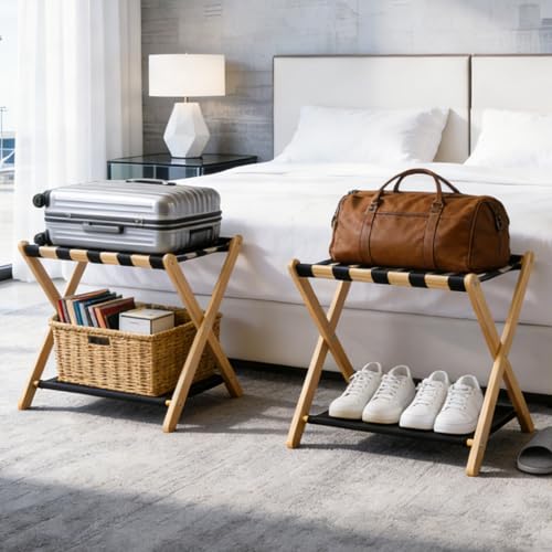 oakvivo Natural Bamboo Foldable Luggage Rack 2-Pack with Storage Shelf for Guest Room