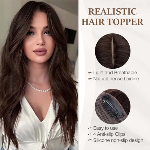 No Bang-#2 Dark Brown 8 Inch Remy Human Hair Topper with Lace Base & Clips