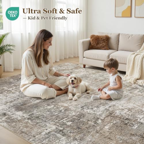 9x12 Rectangular Area Rug - Abstract Washable Living Room Carpet in Gold, Brown & Grey - Non-Slip Backing