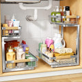 Under Sink Organizer 2-Tier Pull-Out Storage Shelf - Silver, Adjustable Height