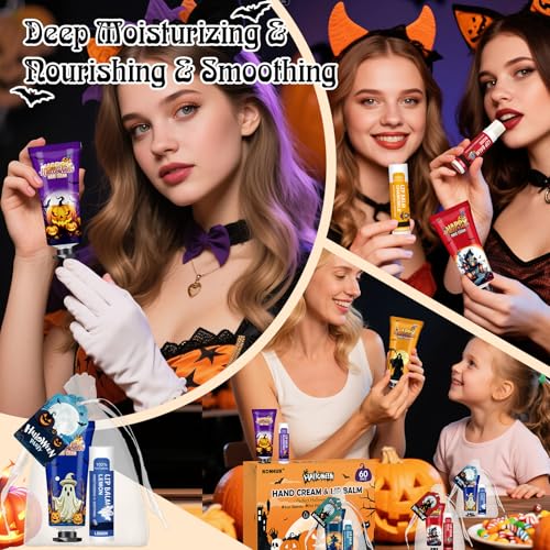 60 Pack Halloween Hand Cream and Lip Balm Set for Women, Bulk Hand Lotion for Halloween Gifts, Halloween Party Favors, Party Supplies, Decorations, Goodie Bags with Halloween Card and Organza Bags