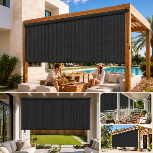 Outdoor Roller Shades for Patio 8' x 6' Black - UV Block & Privacy, Cordless, Quick Install