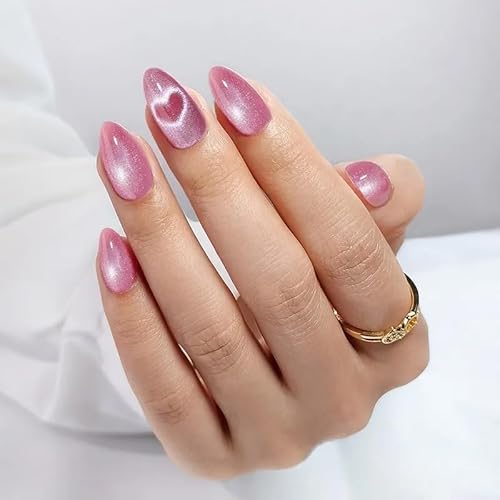 Press On Nails - Love Beam | Heart Cat Eye, UV Finish Almond Nails, Salon Quality | 32 Nails, 16 Sizes Kit with Glue and Adhesive Tabs I Female Founded - Beauty, Self Care
