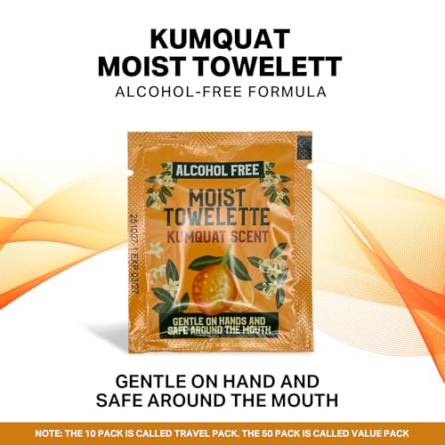 Individually Wrapped Hand Wipes, Alcohol-Free Wet Wipes For Sensitive Skin, Plant-Derived Hand & Face Cleansing, Kumquat Scented, Lunchbox & Travel Packets, 10 Pack - (Made In USA)