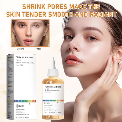 7% Glycolic Acid Exfoliating Toner, Exfoliating Facial Toner, Pore Minimizing Toner, Smooth Skin, Even Tone, Hydrating Formula
