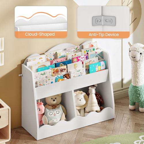 White Cloud Kids Bookshelf and Toy Storage - Toddler Bookcase with 2 Toy Bins, Children's Wooden Organizer
