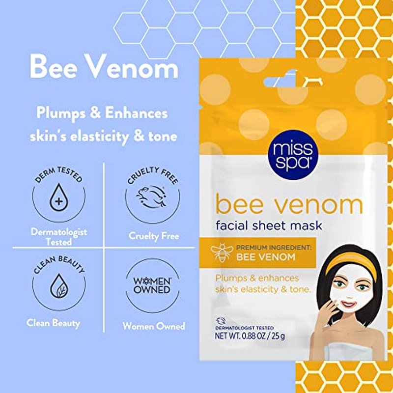 MISS SPA Face Masks Skin Care Bee Venom, Anti-Aging Skin Care for Women, Plumps Skin Face Mask Beauty, Hydrating Moisturizing and Nourishing Face Sheet Masks, 4 Pack