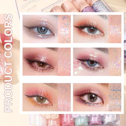 6 Pcs Liquid Glitter Eyeshadow Set Colorful Eyeliner with Long-Lasting and Waterproof Shinning Eye Shadow Gift for Women Eye Makeup (Transparent Bear)