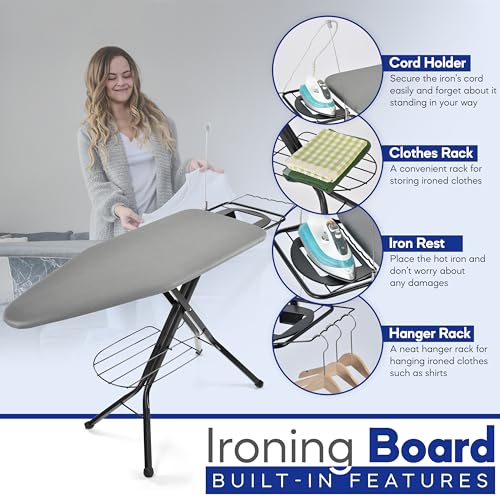 Extra-Wide Ironing Board 48x18 Inches with Built-in Clothes Rack & Heat-Resistant Cover