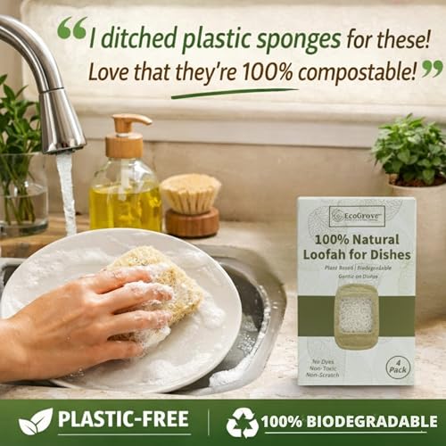 Natural Loofah Dish Sponges 4 Pack ? 100% Plant-Based Luffa Scrubber for Dishes, Pots & Nonstick Pans ? Compostable, Non-Scratch Kitchen Sponge for Sink, Tile & Everyday Cleaning