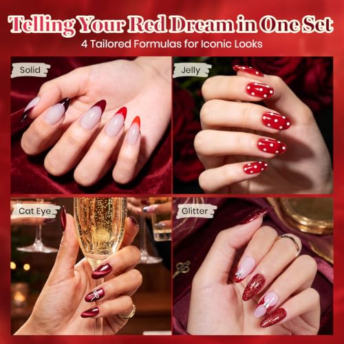 Beetles Red Gel Nail Polish Set - Jelly Glitter & Cat Eye Finish, Burgundy Dream Variation