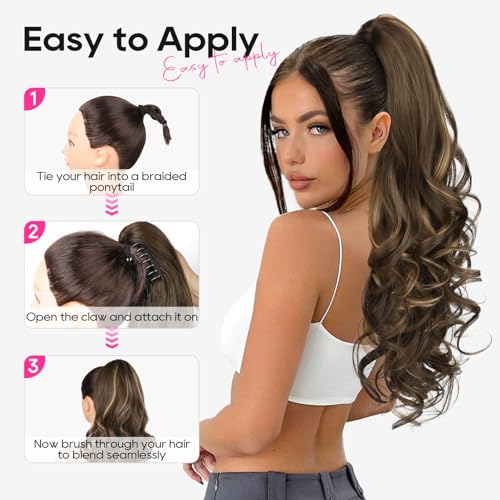 REECHO 24 Inch Curly Wavy Ponytail Extension - Strawberry Blonde Clip-In Hairpiece for Women