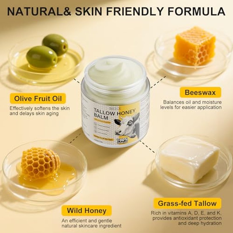Beef Tallow for Skin,Body,Tallow Face Moisturizer for Eczema,Lip Balm,Whipped tallow honey balm,Organic Grass-Fed,All Natural Body Lotion for Women & Men,Tallow Cream Skincare,Unscented 4.2 OZ