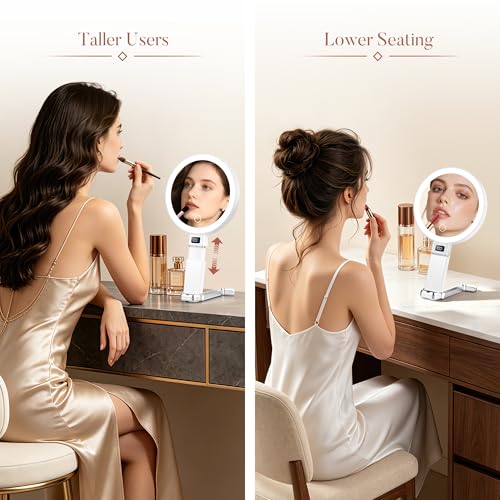 MIYADIVA White Height-Adjustable Travel Makeup Mirror with Lights, 1X/30X Magnification & Phone Holder