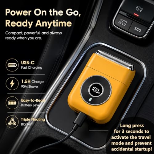 Electric Mini Foil Shaver for Men Grooming Razor Beard Trimmer - Yellow - Compact Waterproof