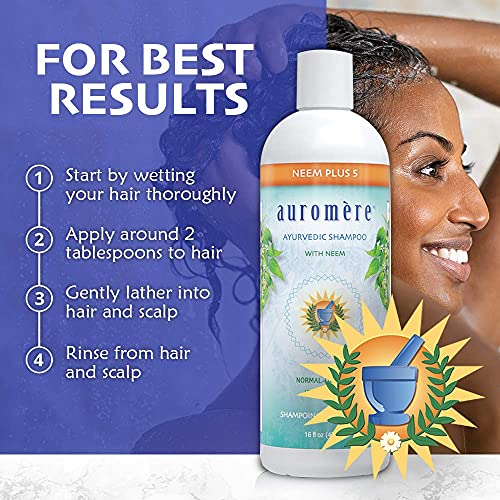 Auromere Ayurvedic Shampoo, Neem + 5 - Vegan, Cruelty Free, Non-GMO, Natural, Gluten Free, Sulfate Free, Paraben Free for Normal to Oily Hair (16 fl oz), 2 Pack