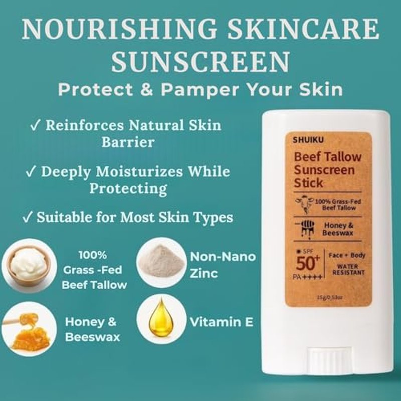 Beef Tallow Sunscreen Organic Stick SPF 50 ? Tallow-Based Mineral Sunscreen with Honey & Beeswax for Face & Body, Water-Resistant Natural Sunblock, 0.53 oz