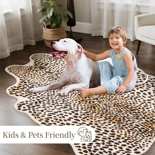 FelisLuxe Leopard Rug 5'2 x 6'6 Irregular Animal Print Carpet - Faux Fur, Non-Slip Backing