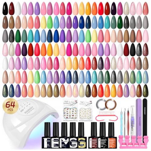 Phoenixy Gel Nail Polish Kit with UV Light - 64 Pcs All Seasons Manicure Set, Timeless Classic
