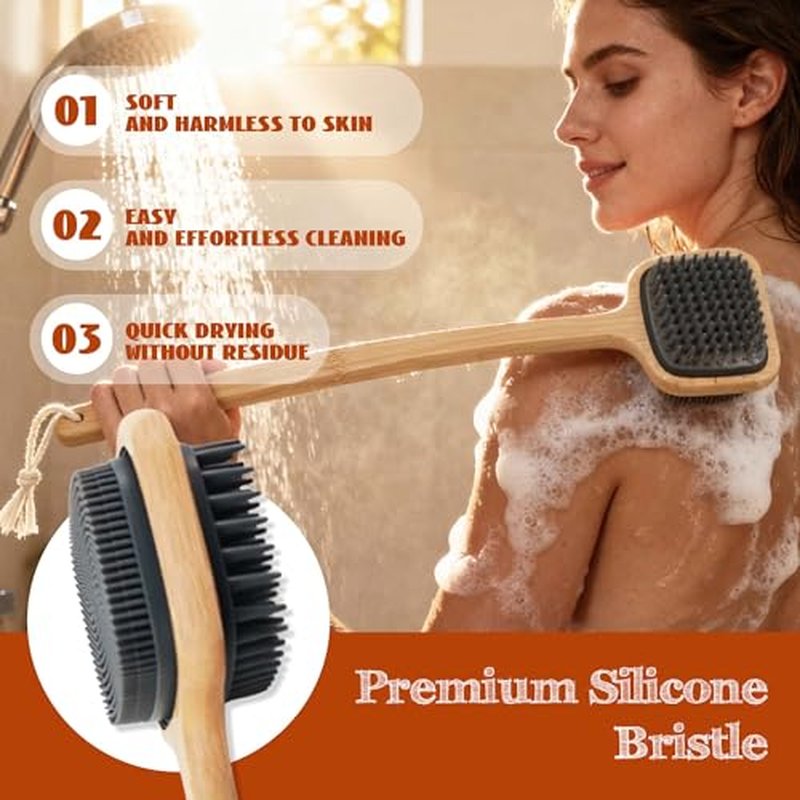 Bath Brush with Long Bamboo Handle, Soft Bristles (16.92 inch)