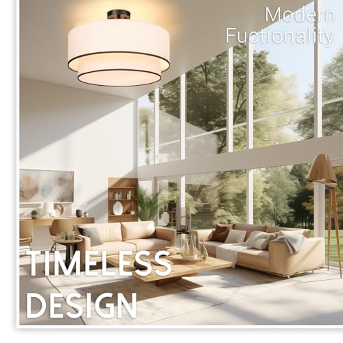 Hamilyeah 20 Inch Beige & Black Double Layer Semi Flush Mount Ceiling Light with 4 Lights