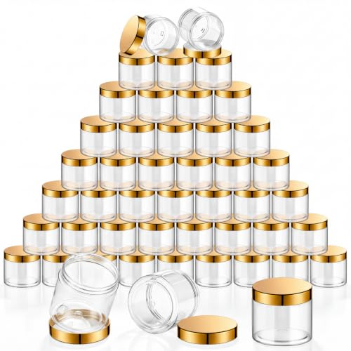 48 Pack 2 oz Clear Plastic Jars with Gold Lids - Refillable Storage Containers for Cosmetics, Spices, Crafts