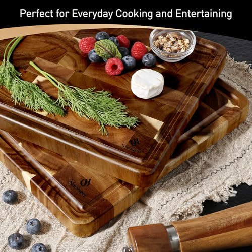 Set of 2 End Grain Acacia Wood Cutting Boards with Non-Slip Feet | Durable Kitchen Prep