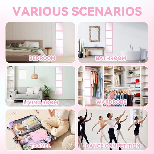 ROYALAY Foldable Full Length Mirror with Handle, 47 * 13in Four-fold Portable Mirror for Travel Makeup Dancing and Fitting Clothes, Pink