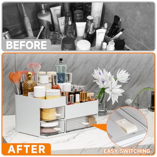 Cq Acrylic White Large Makeup Organizer with 3 Drawers – Countertop Storage for Beauty Products, Brushes, Palettes
