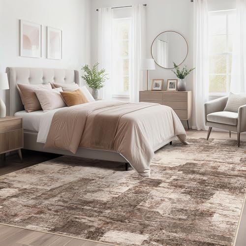 Brown 8x10 Washable Abstract Area Rug for Living Room with Non-Slip Backing