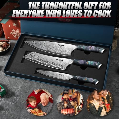 Huusk Japanese Knife Set 3 Pcs Blue - Chef, Santoku & Utility Knives with Sheath