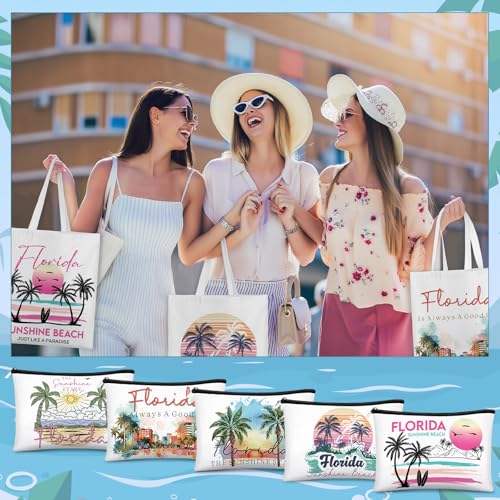 Reginary 6 Pcs City Souvenirs Gifts New York Italy Chicago Seattle Los Angeles Souvenir Canvas Tote Bag Cosmetic Bag Women