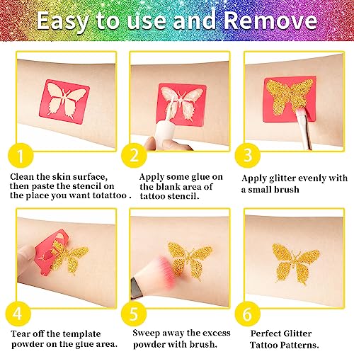 Temporary Glitter Tattoos Kit for Kids, 32 Colors, 165 Stencils, 3 Glue, 5 Brushes, 1 Powder Puff, Adults & Kids Arts Make Up Kit, Holiday Gifts for Girls & Boys