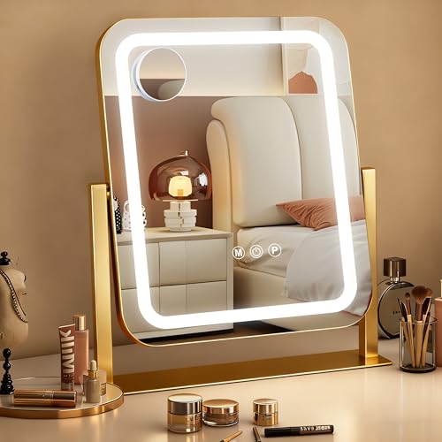 Gold Vanity Mirror with Lights 15"¡¿13", Led Makeup Mirror, Lighted Makeup Mirror with 3 Color Dimmable Lights, Smart Touch Screen Control, 360¡ÆRotation