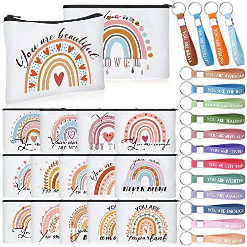 Hillban 32 Pcs Canvas Cosmetic Makeup Bag Women Mother's Day Inspirational Gifts Travel Toiletry Makeup Bag Pouch with Keychains for Women's History Month Mother Teacher Appreciation Gift(Rainbow)
