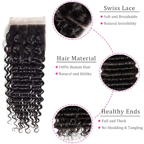 Deep Wave Lace Closure Human Hair 14 Inch 150% Density Brazilian Unprocessed Pre-Plucked