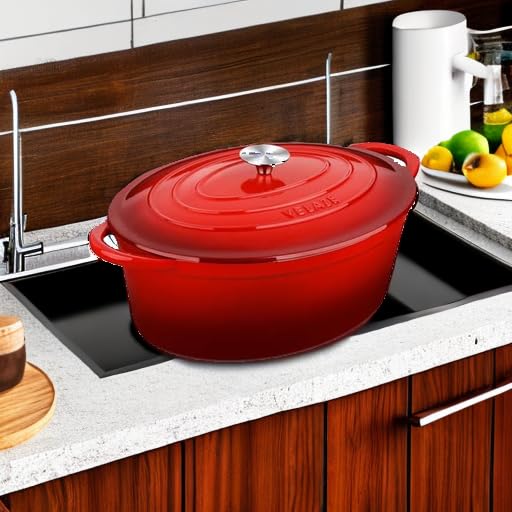 7.5 Qt Red Enameled Cast Iron Dutch Oven with Lid - Multipurpose Cookware