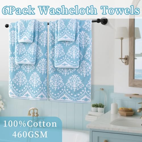 Cotton Wash Cloths Set - 6 Pieces 13x13 Inches Quick Dry Soft Absorbent Damask Pattern Aqua & White