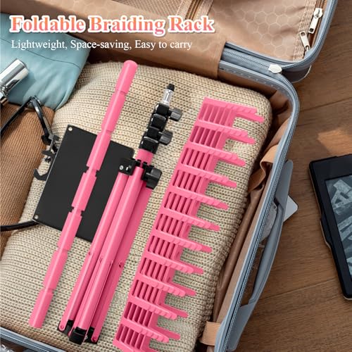Pink Braiding Hair Rack with Tray - Adjustable 144 Pegs Hair Extension Organizer