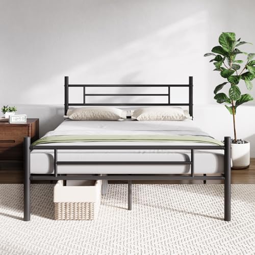 Full Size Metal Bed Frame with Headboard & Footboard - Dark Black, 14 Inch Platform with Under Bed Storage