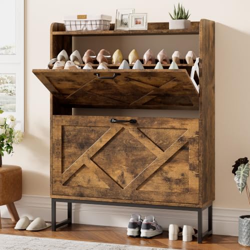 Nicetree Rustic Brown Shoe Storage Cabinet with 2 Flip Drawers - Farmhouse Entryway Organizer